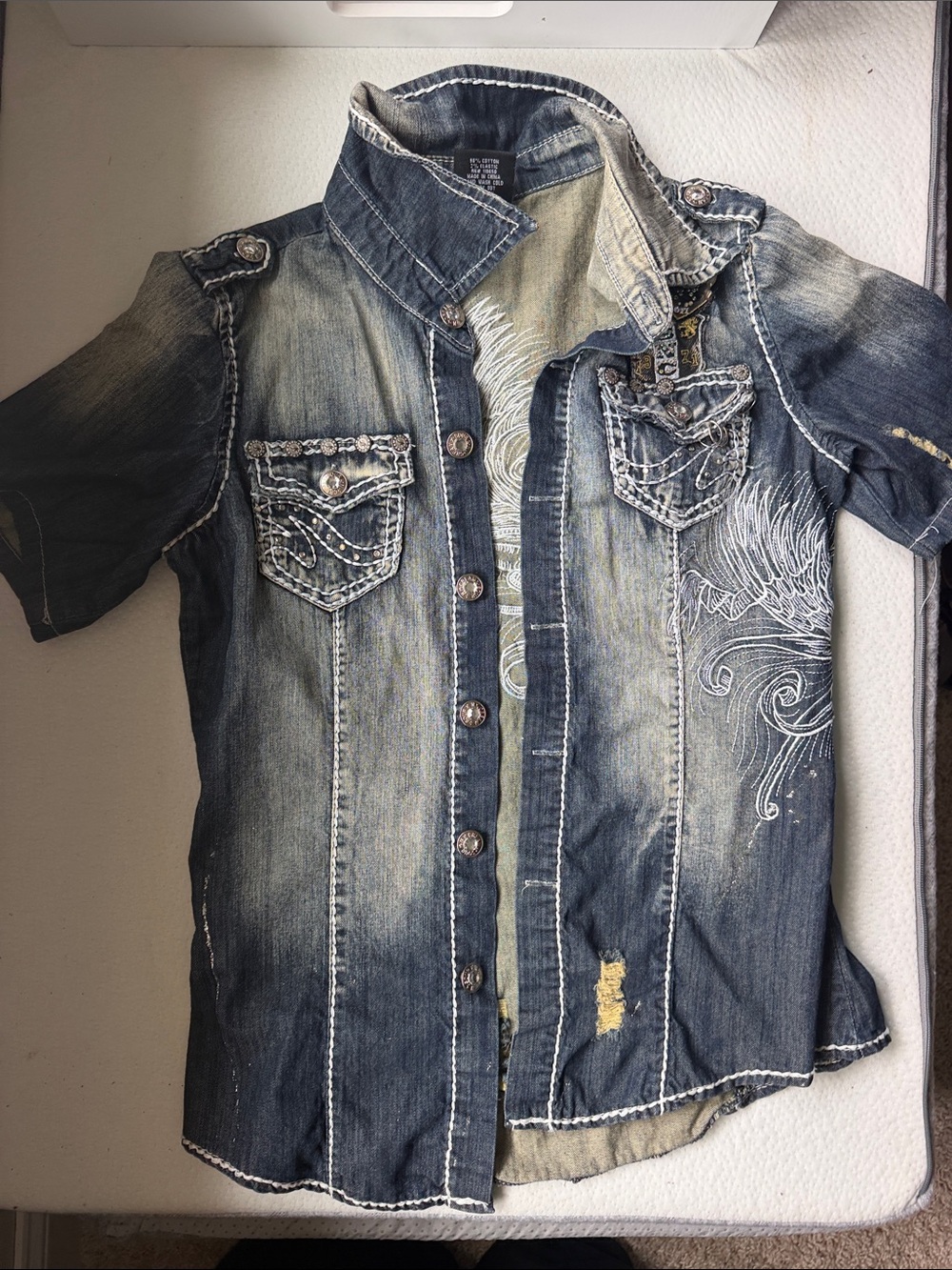 SOUR N CREAM~Size M DENIM WITH GOLDEN CARGO/MILITARY STYLE EMBELLISHED SHIRT